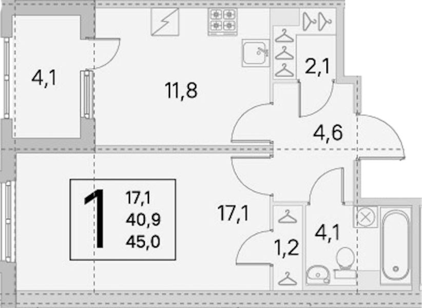 1-комнатная квартира 40.9 м², 1/5 эт., ЖК «ЮгТаун. Олимпийские кварталы»